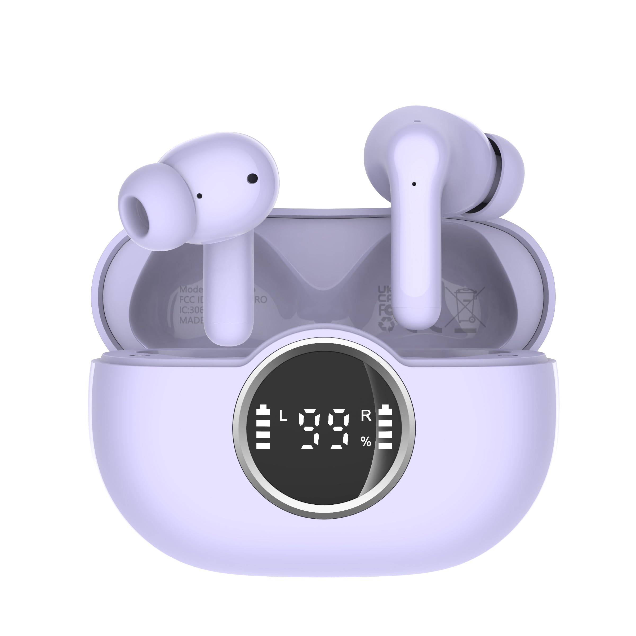 Cuffie Bluetooth, Auricolari Bluetooth 5.4 con 3D Hi-Fi Stereo, Cuffie Wireless con 4 ENC Cancellazione Rumore Mic, Cuffiette Bluetooth 36 Ore LED Display, IP7 Impermeabili, USB-C, Touch Control,Viola