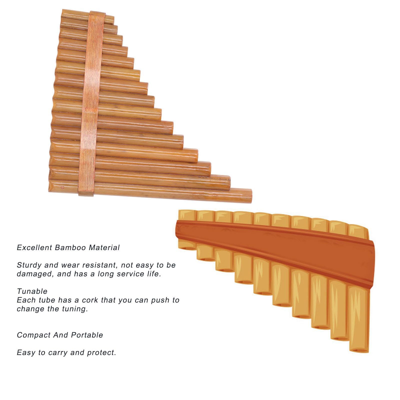 Flûte à pipe en bambou 15 tuyaux G Key Panpipe Pan Flûte traditionnelle en bois pour les amateurs de musique (main droite)
