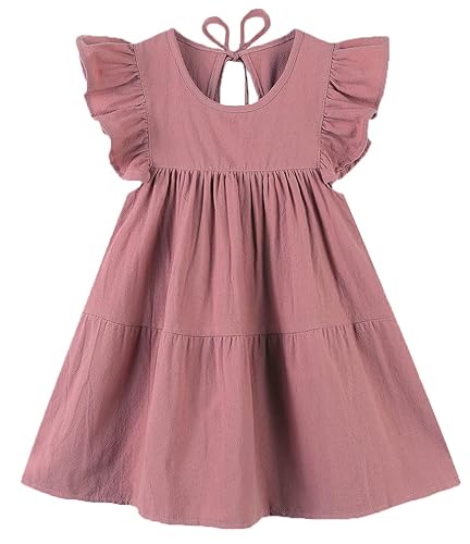 Image of RJXDLT Toddler Dress Baby Girls Cotton Linen Ruffle Sleeve Tiered Swing Casual Summer Boho Dresses 379 Dark Pink 100