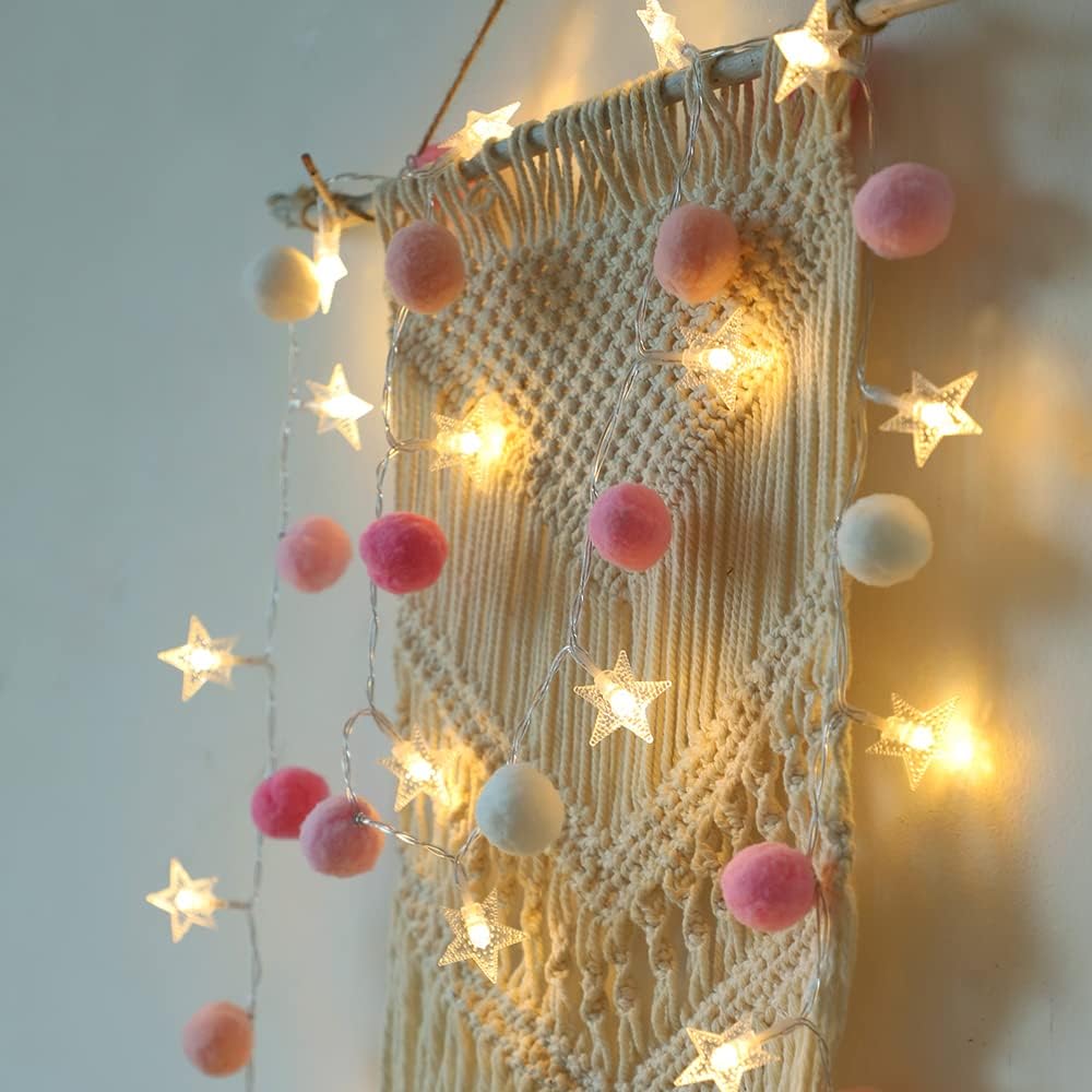 Star Twinkle Lights with Pink Pom Poms | String Lights