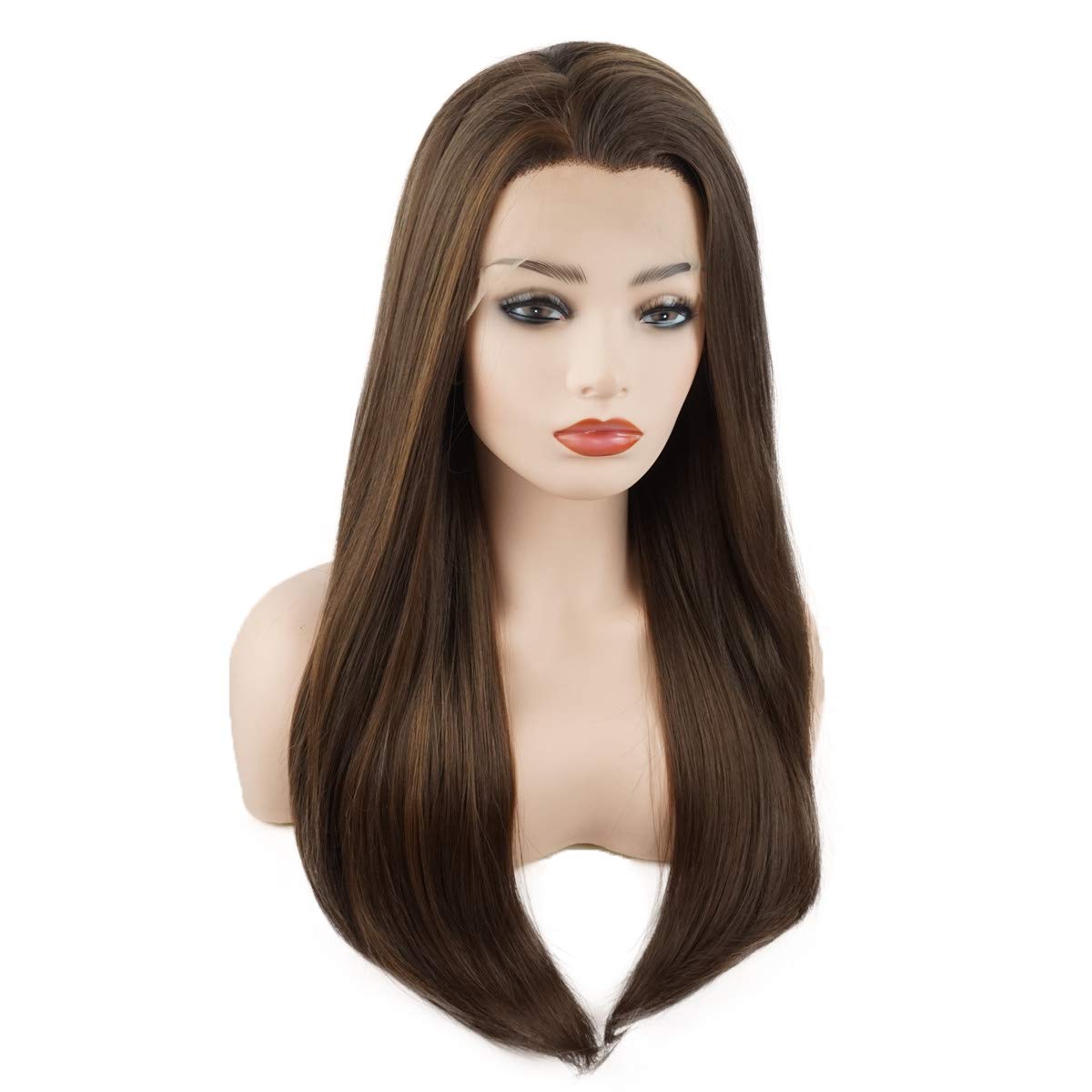 Hair Straight Long 24inch Brown Blonde Mix Heavy Density Heat Resistant Realistic Synthetic Lace Front Wigs