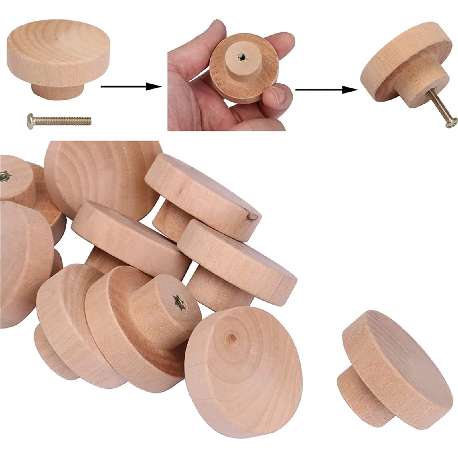 20 maniglie rotonde in legno naturale solido per armadietti, cassetti, fai da te, quadrate, in legno per armadio, credenza, porta, tira (M)