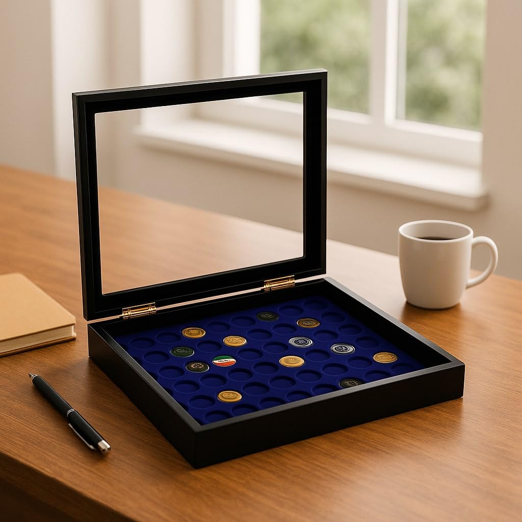 SAFE Vitrine für 60 Champagnerkapseln – Holz schwarz lackiert, Echtglasdeckel, Magnetverschluss, Samteinlage I 5925