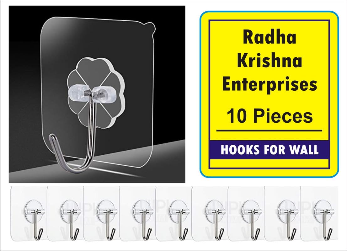 Bharti Enterprises Wall Hanging Hooks for Wall Without Drilling, Self Adhesive Hooks for Wall, Heavy Duty and Strong Nail Free (Transparent, Pack of 10 Pcs)