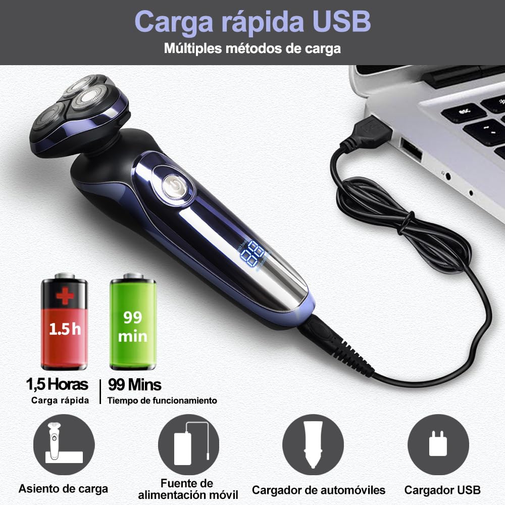 Afeitadora electrica hombre en seco y en húmedo 5 en 1, maquina de afeitar hombre rotativa con cortapelos de precisión IPX7, resistente al agua, Razor eléctrica multifuncional 5en1 para hombres