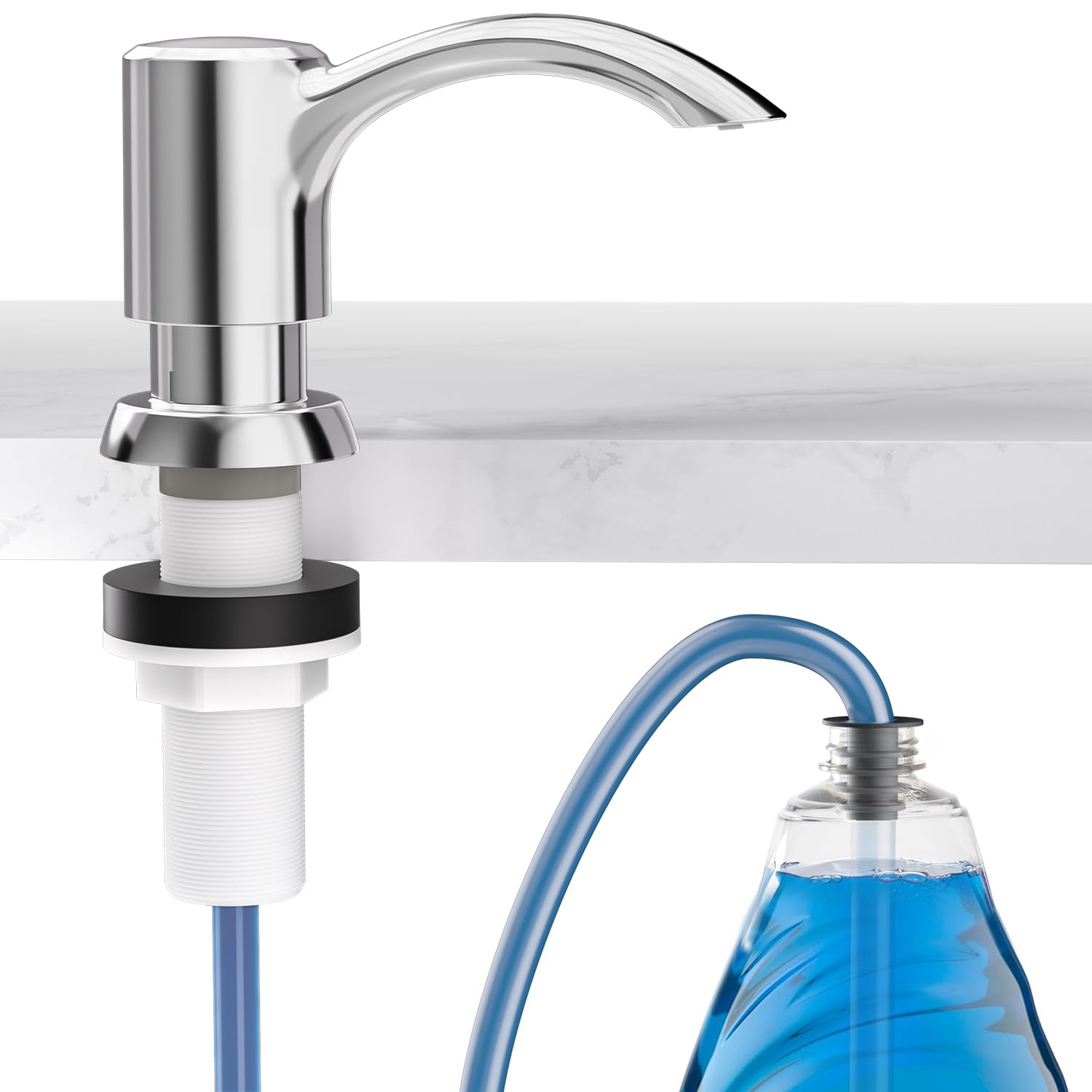 SAMODRA Dispenser di sapone da cucina integrato (cromato) con kit tubo esteso da 99 cm, design a prova di perdite, niente più ricariche disordinate