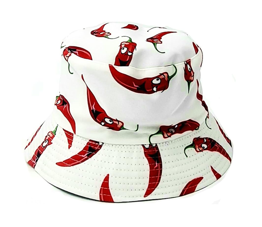 Kgm Unisex White Multicolored Cool Fun Print Animal Fruit Leaf Hawaii Design Bucket Hat - Festival Holiday Travel Hats (Chili White)