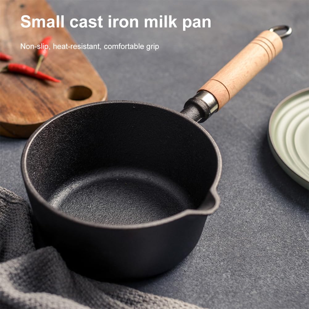 Mini cacerola de hierro fundido con de madera, olla antiadherente para derretir mantequilla con boquilla vertedora, mini cacerola pequeña para cocina, cocina de inducción, estufa d