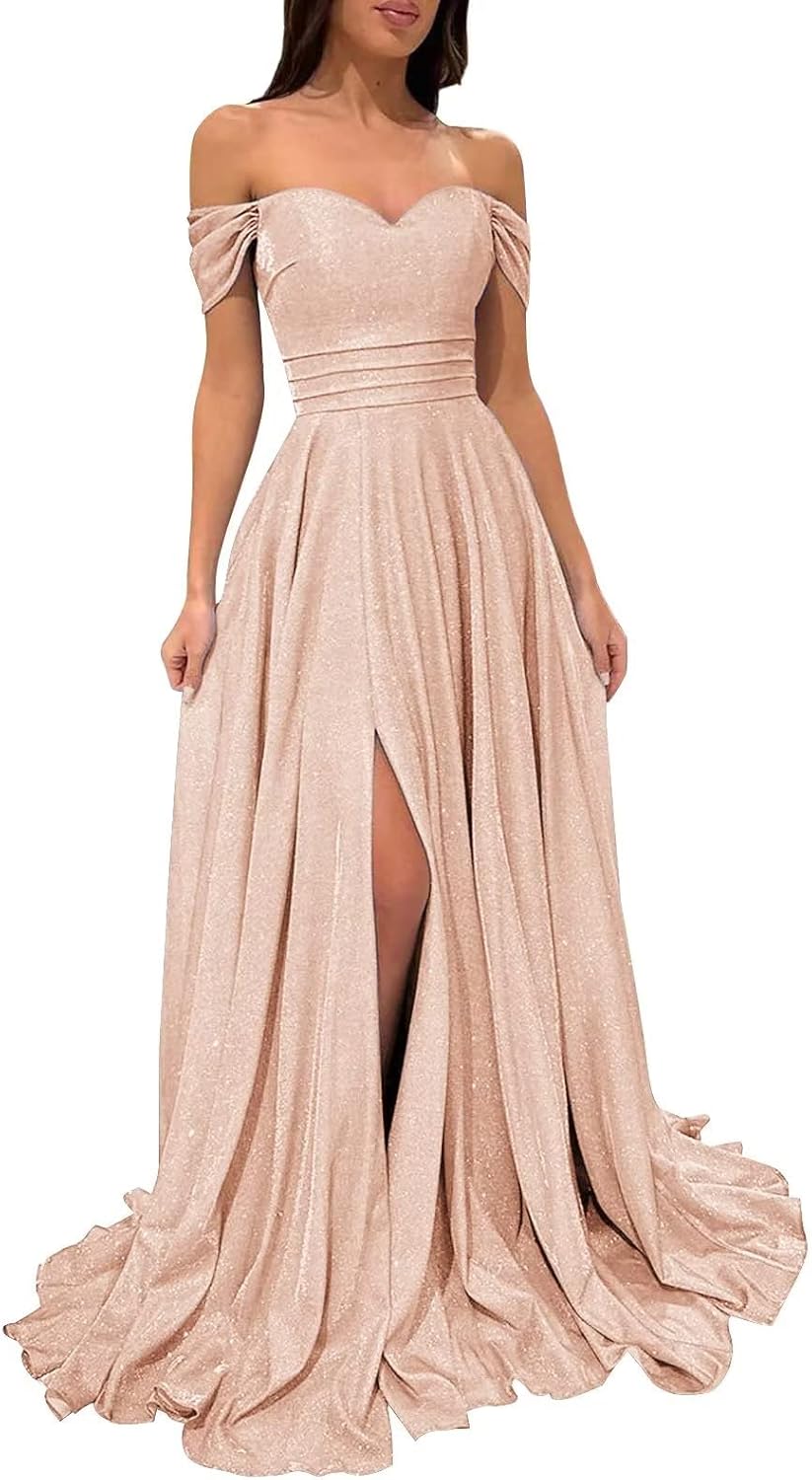 Off shoulder sweetheart glitter prom dresses long ball gowns for women  formal slit maxi wedding formal evening dress