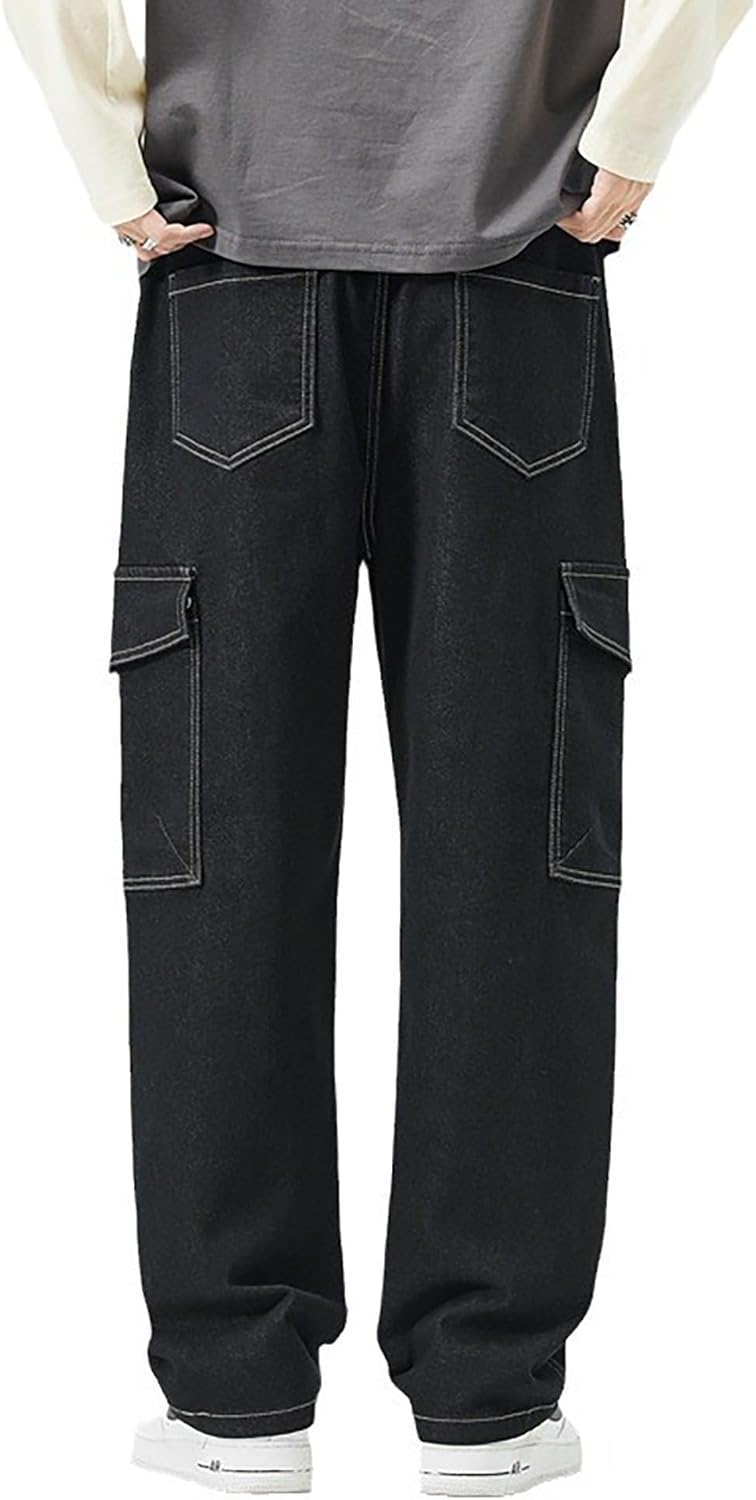 Men's Japanese Street Vintage Jeans Baggy Drawstring Cargo Pants Elastic Waist Pants Pants for Men Fashion(Black,L) - Image 4