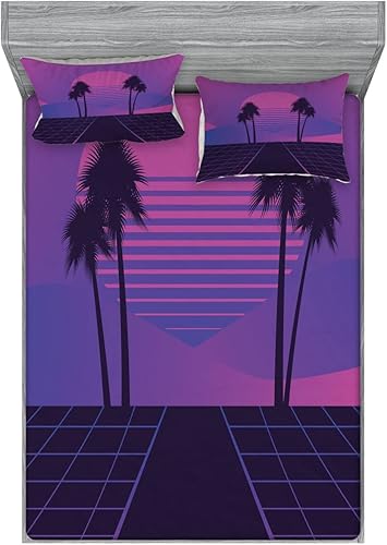Ambesonne Synthwave 2 Pack Fitted Sheet & Pillow Sham Set, Abstract 80's Retro Palms, 4 Pcs Bedding Decor, Package Contains 2 King Size Fitted
