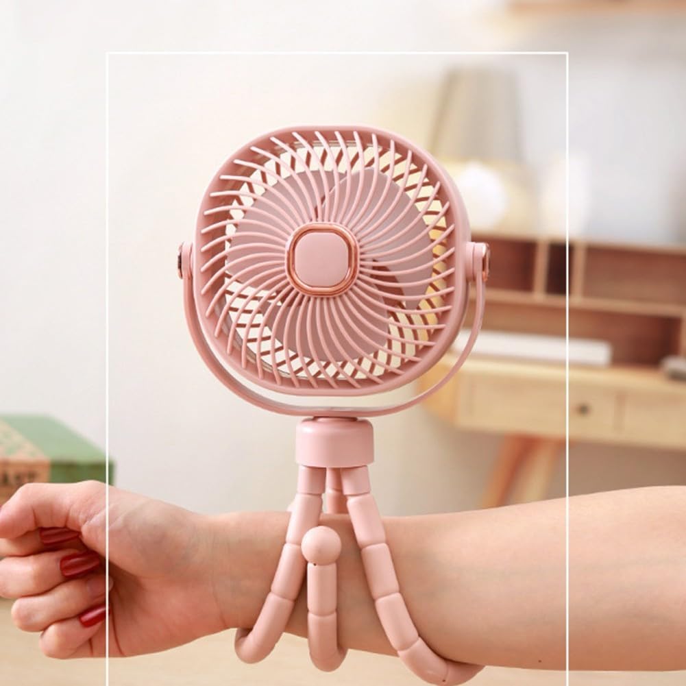 Tragbarer Kinderwagen-Ventilator, 8000 mAh, mit 360-Grad-Drehung, LED-Licht, abnehmbarem Kopf und 4 Geschwindigkeitsoptionen für den Einsatz (Rosa)