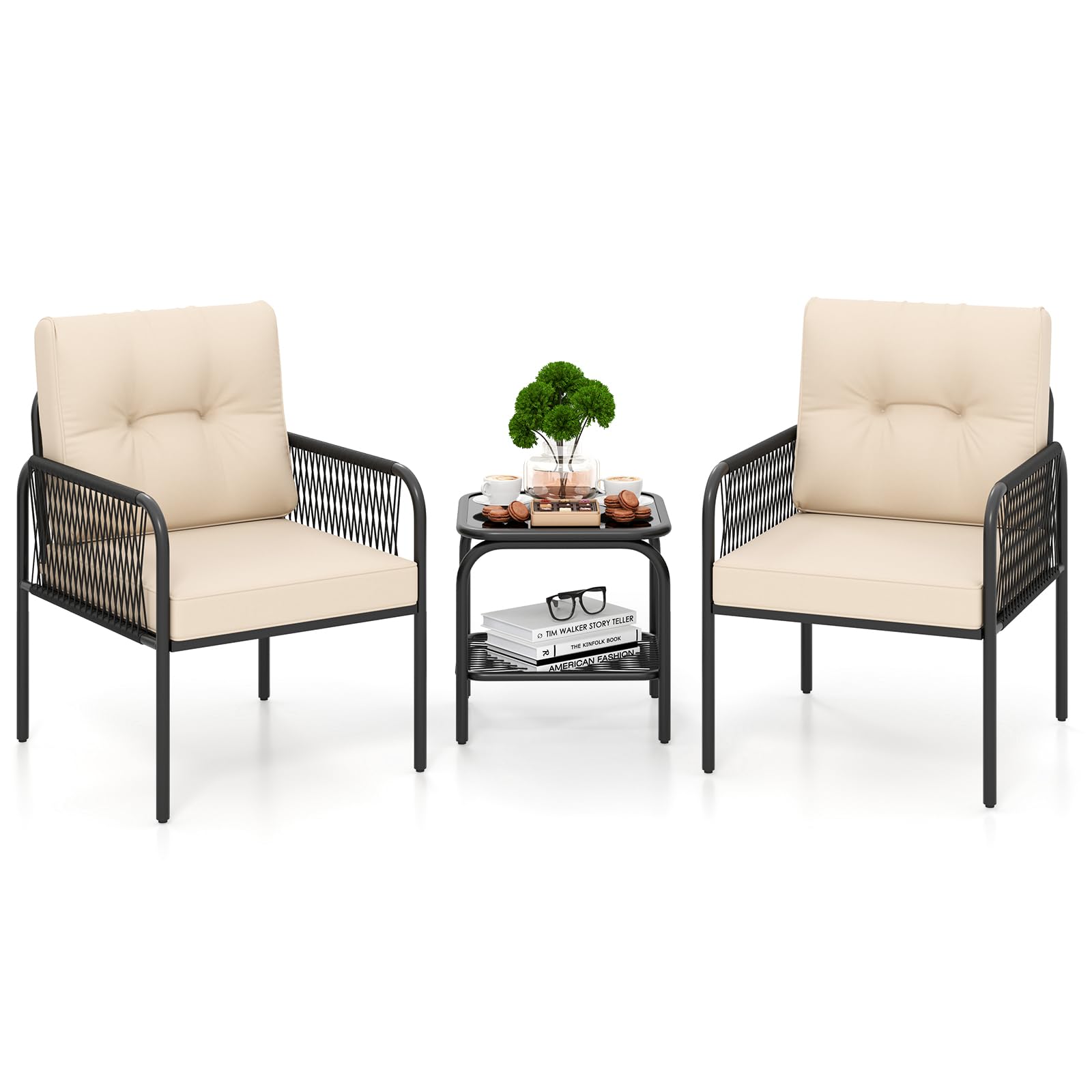 COSTWAY Conjunto Jardin Exterior de Ratan PE 3 Piezas, Mesa de Vidrio Templado, 2 Sillas con Cojines, Mesa y Sillas Muebles Jardin Terraza Balcon Exterior