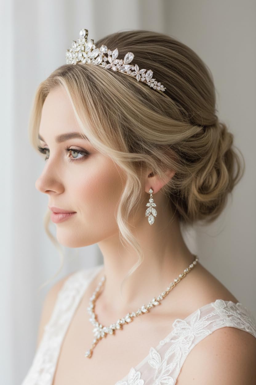 Schmuckset Damen Gold Zirkonia AAA+ – Halskette Ohrringe Armband & optional Diadem – Elegantes Brautschmuck Set für Hochzeit Abiball Kommunion Ball