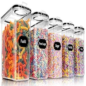 PRAKI 5PCS Cereal Containers Storage Set, BPA Free Airtight Food Storage Container Set with Lids, Kitchen Pantry Organization and Storage for Sugar, Baking Supplies with 20 Labels & Mark(4L Black)