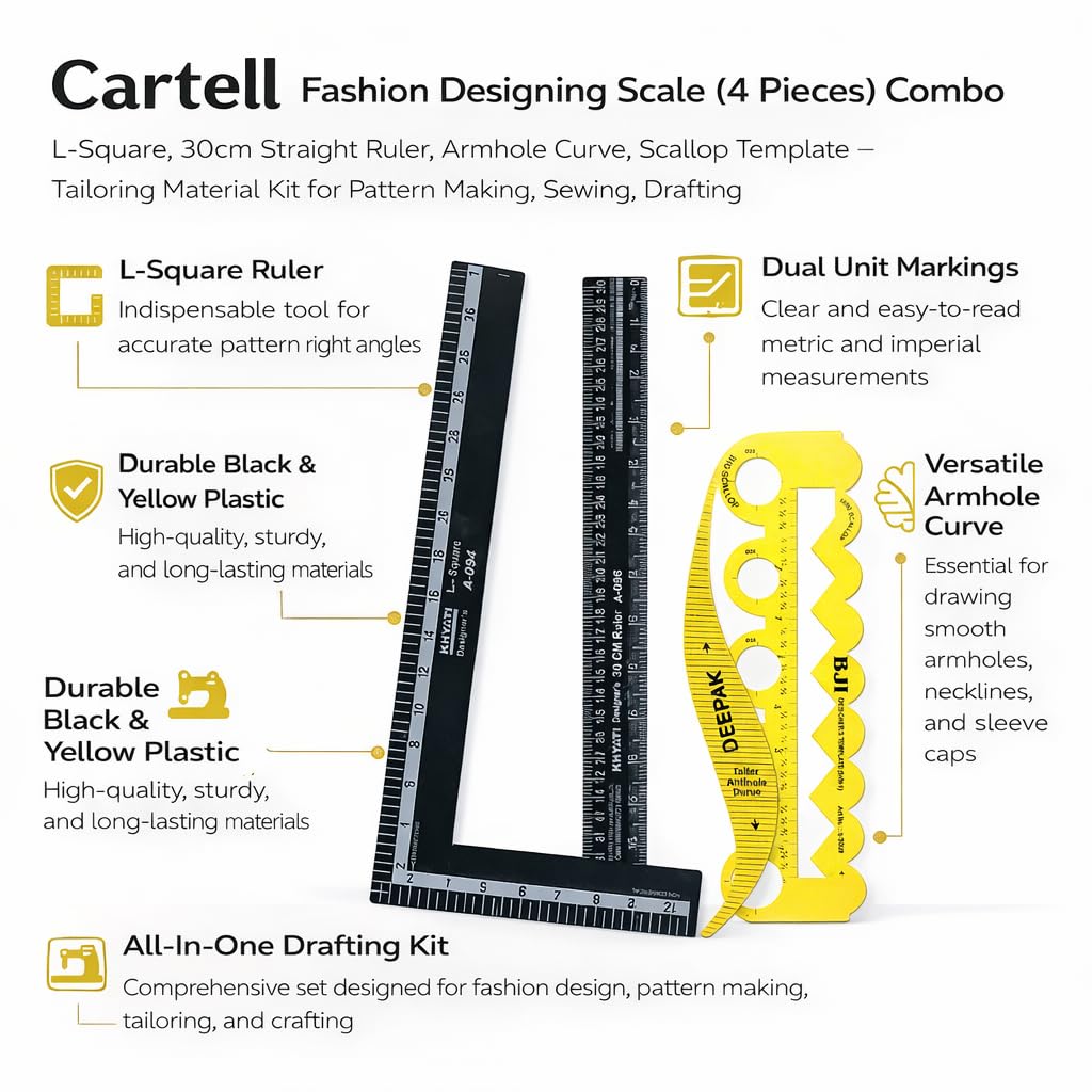 Cartell Fashion Designing Scale (4 Pieces) Combo, L-Square, 30cm Straight Ruler, Armhole Curve, Scallop Template, Tailoring Material Kit for Pattern Making, Sewing, Drafting 3