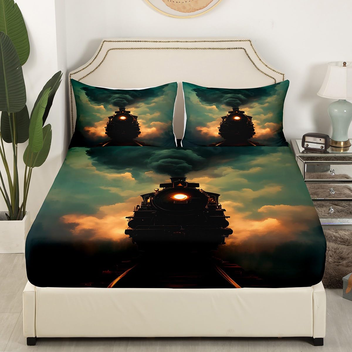 Erosebridal Steam Train Bed Sheets Twin Size 3D Railway Track Fitted Sheet for Kids Vehicles Engine Retro Transport Vehicle Bed Set Equipment Smoky Deep Pocket Bedroom Decor