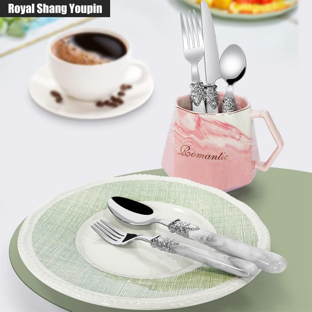 Marmo Manico Argenteria Stoviglie Set Acciaio Inox Posate Bistecca Tavolo Coltello Forchetta Cucchiaio Frutta Cucchiaino (Bianco,20 pezzi)