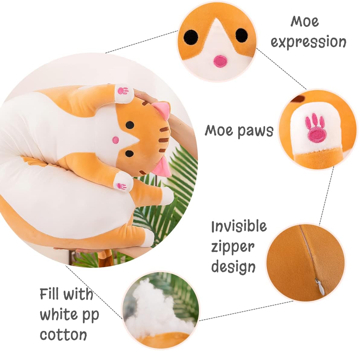 Rexinc Long Yellow Cat Plush Pillow Toy Sleeping Pillow Cute Cartoon Cat Stuffed Animals Soft Long Body Pillow Gift for Kids(35.43in)