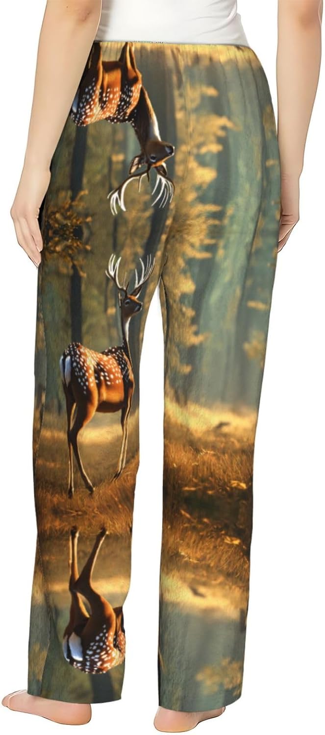 Deer Print Cozy Flannel Pajama Pants For Women,Warm Christmas Pj Pants,Cute Fleece Pajamas
