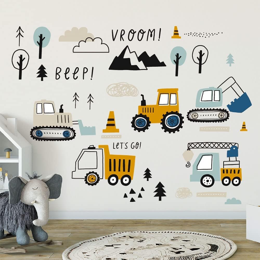 37 Pièces Stickers Muraux Enfants, Decoration Chambre Bebe Garcon, Autocollant Mural Enfant, Déco Chambre Stickers Voiture,tracteur,Cars,Grue,Bulldozer, Excavatrice,Camion(Tapez C)