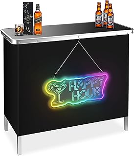 BRILLIHOOD Portable Pop-Up Bar Table with Mirrored Happy Hour Neon Sign, Music Sync Bar,