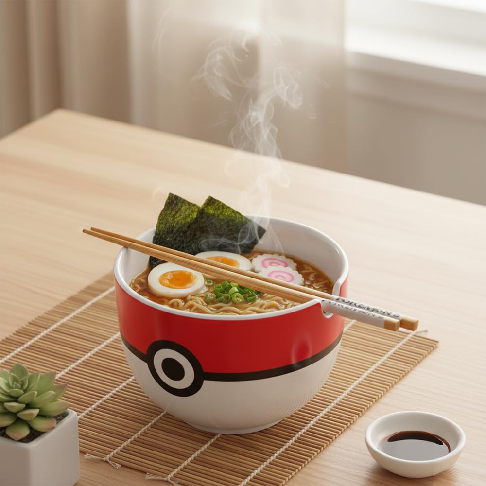 Silver Buffalo Pokemon Pokeball Ramen-Nudelschale aus Keramik mit Essstäbchen, mikrowellengeeignet, 590 ml