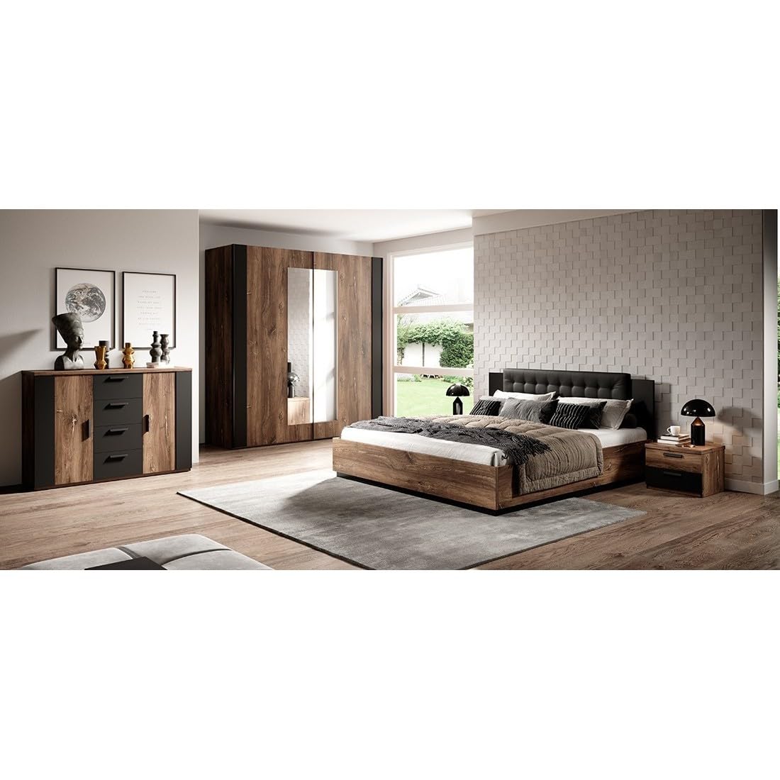 Meublorama Conjunto Completo de Dormitorio Fox – Armario de 200 cm, Cama de 180x200 con somier Incluido, Cómoda, Mesitas de Noche – Roble Oscuro