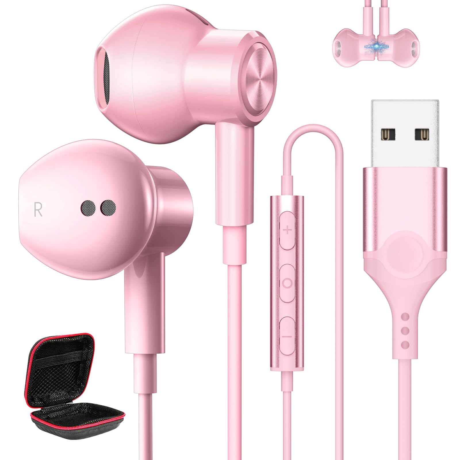 MACLE イヤホン USB マイク付き PC パソコン用 イヤホン 有線 ヘッドセット 磁気設計 通話対応 HIFI音質 音量調整 2.3M長