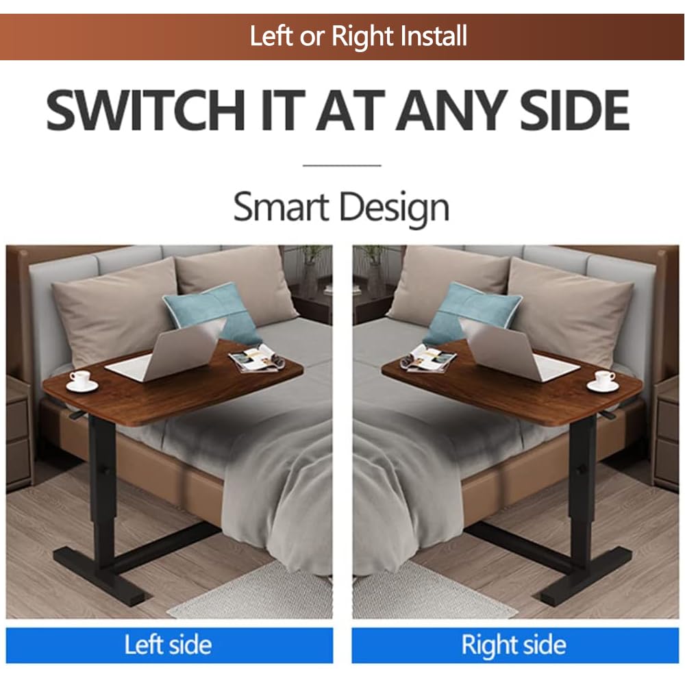 BeGyoku Overbed Table Hospital Bed Table,Pneumatic Mobile Standing Desk&Rolling Laptop Desk,Overbed Table with Wheels Adjustable Height,Medical Bedside Table Home Use-Walnut