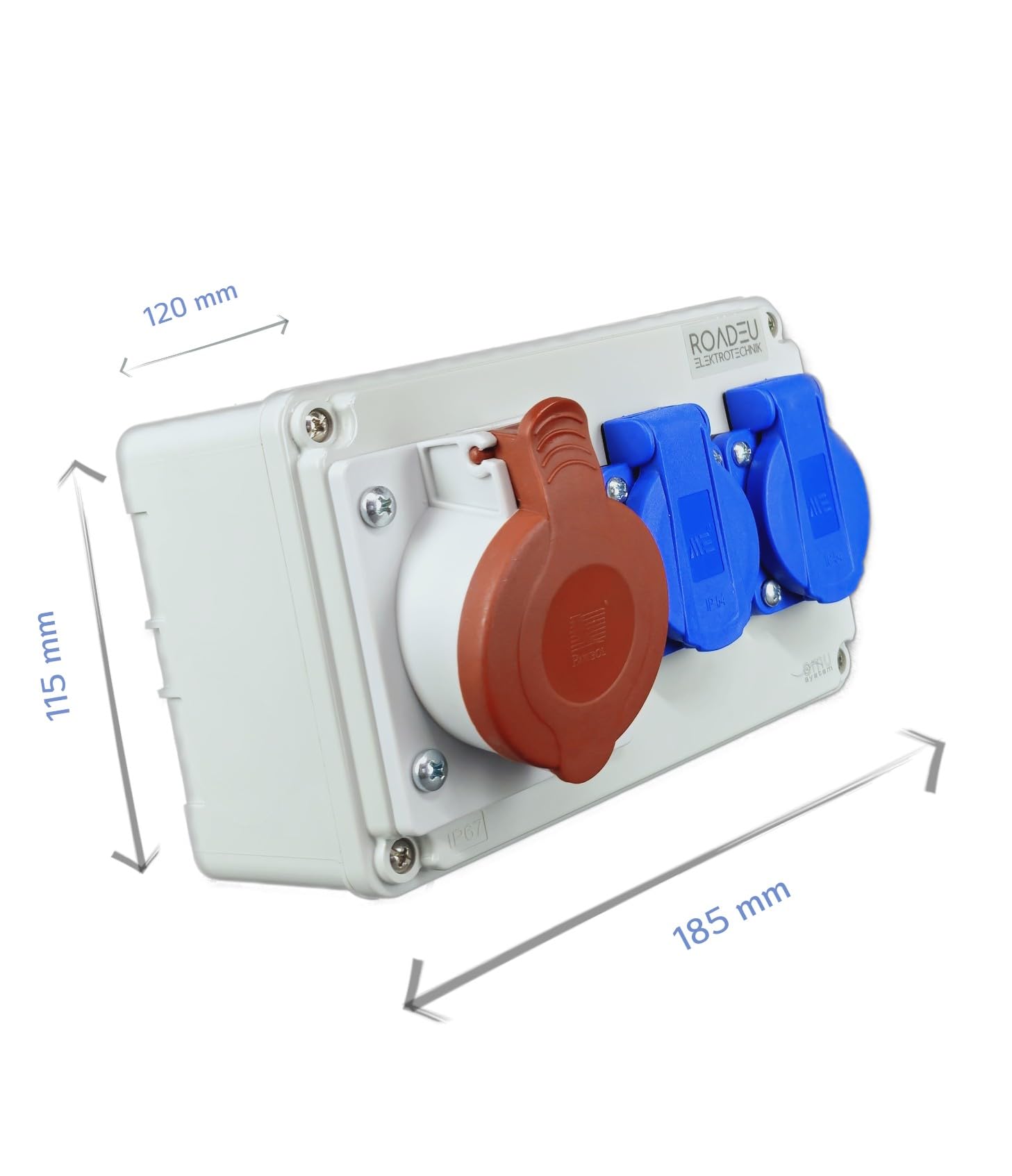 RoadEu | Cofanetto da cantiere a parete IP44 | Presa P17 CEE 16A 5P (400V) + 2 prese francesi NF 16A | Scatola di distribuzione elettrica precablata 2,5 mm² | Ideale officina e garage