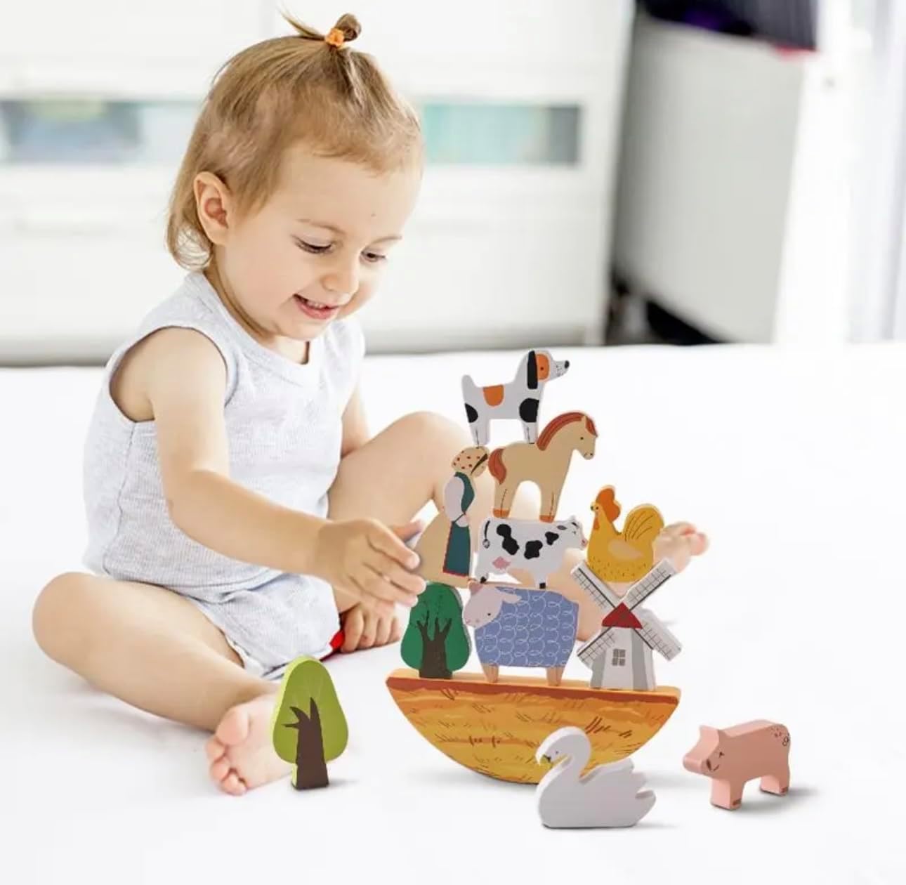 Handcrafted Wooden Farm Animal Figurines Set, Cow, Horse, Pig, Duck, Chicken, Tree, Windmill