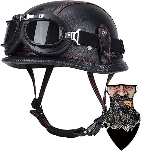 Casco de media cara de cuero alemán para motocicleta, 100% aprobado por DOT ECE, casco de media carcasa + gafas retro con hebilla ajustable de