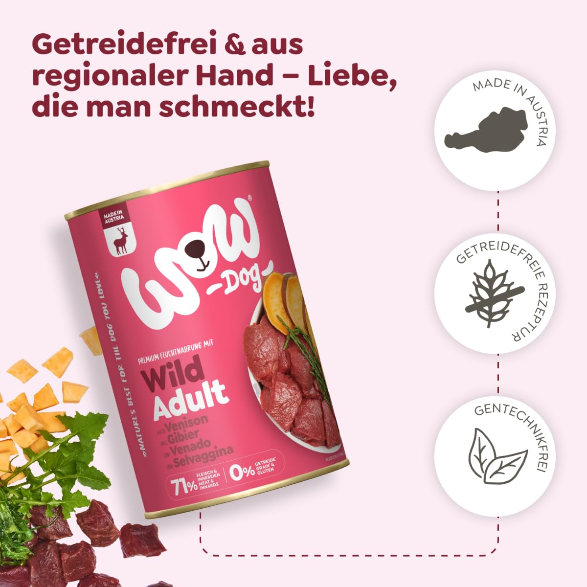 WOW Dog Hunde-Nassfutter mit Wild | Enthält Vitamine und Mineralien, ohne Getreide und Zucker | 400 g / 12er Pack