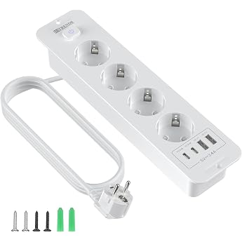 Retractable Socket 4 Compartments Built-in Power Strip with 2 USB Built-in Socket Multiple Socket Table Socket with 2 USB C Tabletop Recessed Socket - 2 m Cable White