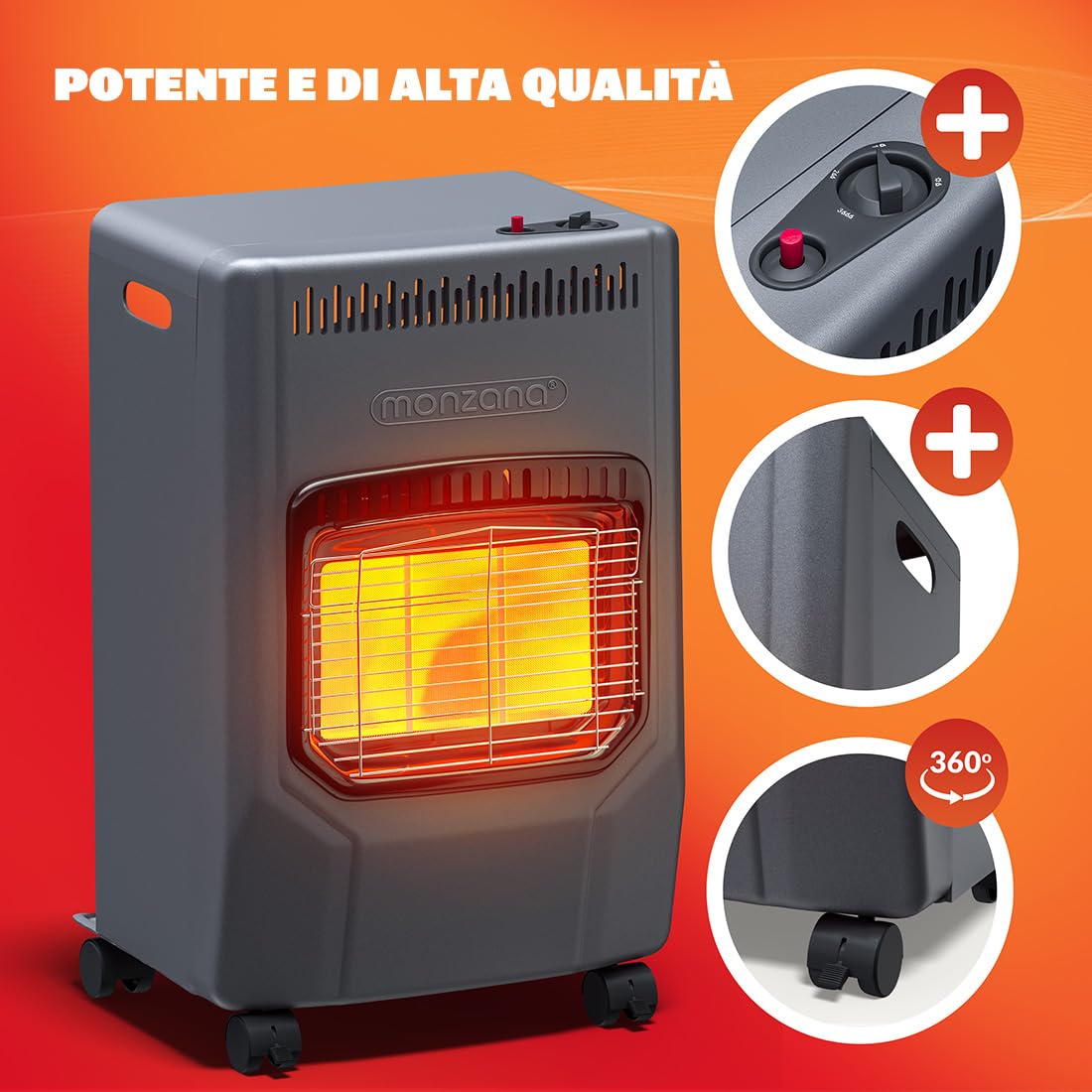 MONZANA® Stufa a Gas GH4500 Riscaldatore per Interni 4200 W 3 Impostazioni Accensione Piezoelettrica Antiribaltamento