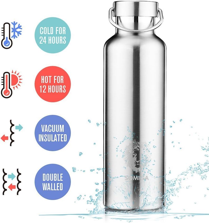 SOMIGA Stainless Steel Vacuum Insulated Water Bottle - Powder Coated Leak Proof Double Walled Protection Large Capacity Flask,26 oz