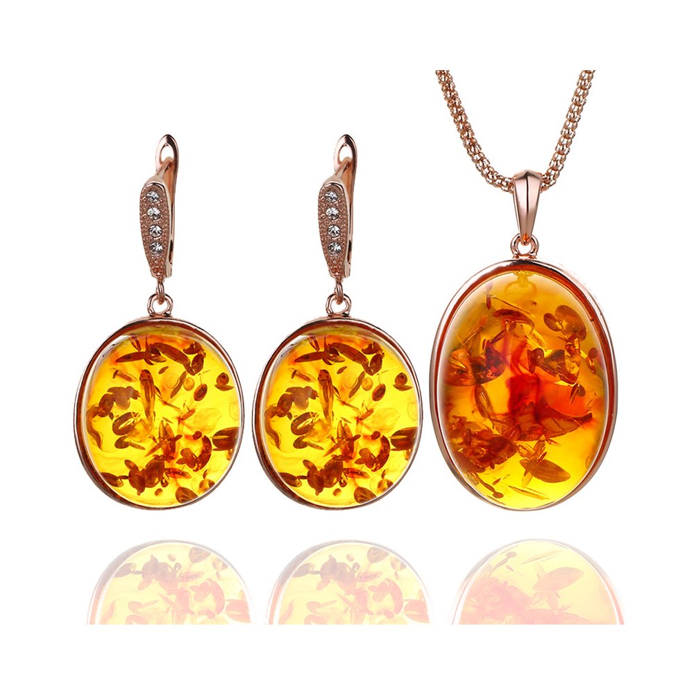 Ajojewel Orange Resin Stone Pendant Necklace Earrings Set for Women Gold Plated Jewelry Sets