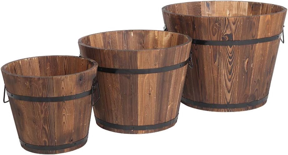 3 Pcs Wooden Planter Barrel Set, Wooden Bucket Barrel Planters, Rustic Patio Real Wood Indoor/Outdoor Flower Pot w/Drainage Holes, Different Sizes, Large Garden Container Box for Plants Indoor Décor