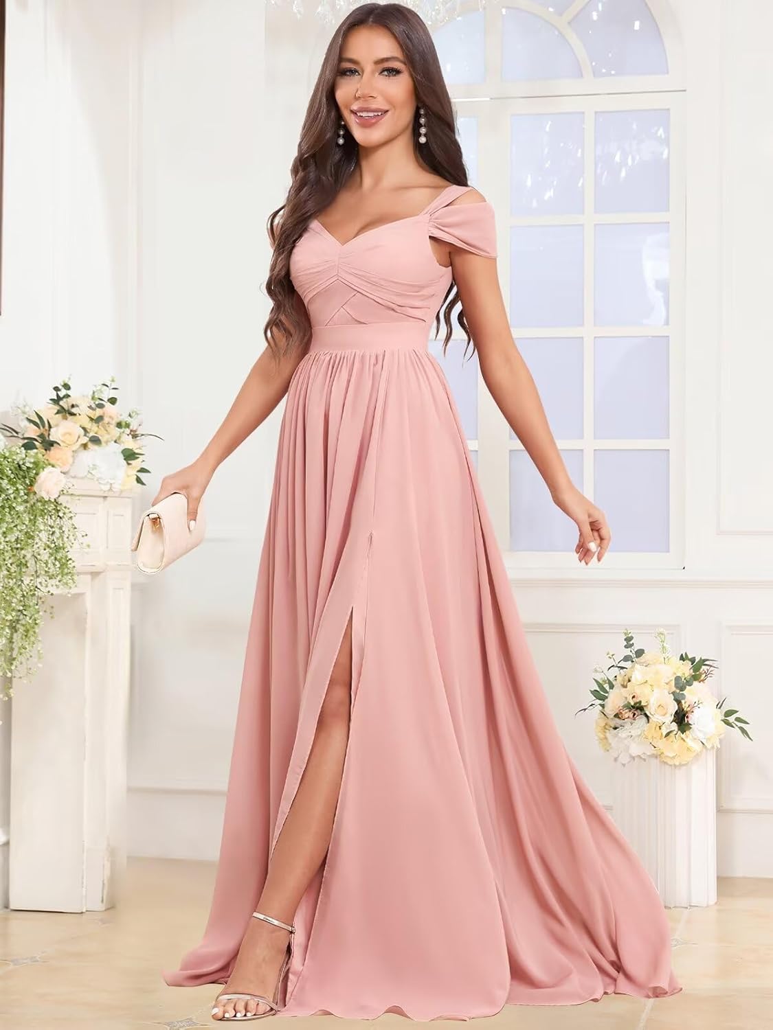 Off Shoulder Bridesmaid Dresses for Women - Long Chiffon Ruched Formal Evening Dress with Slit