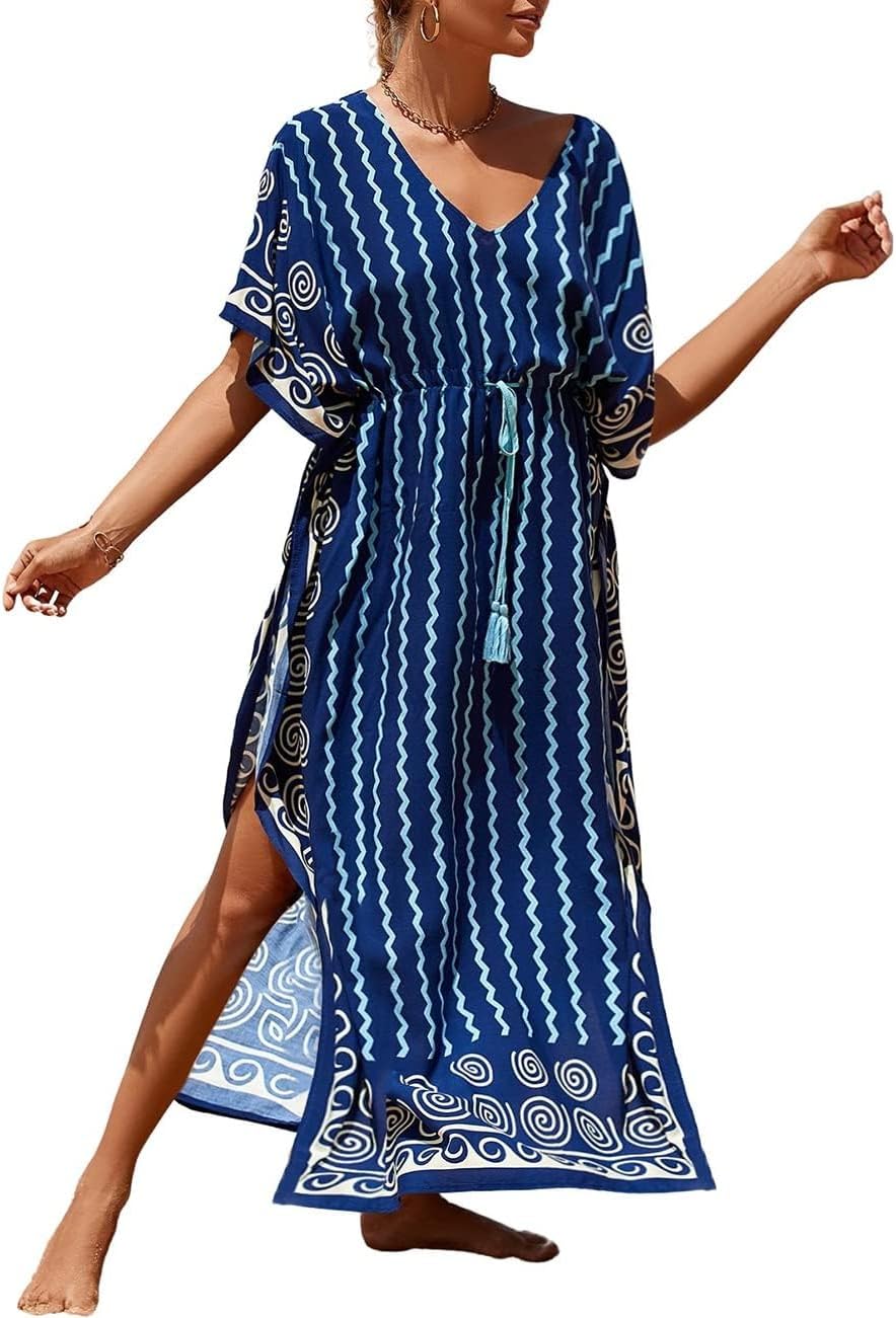 Bsubseach Kaftan Dresses for Women Plus Size Swimsuit Cover Up Long Caftan Dress with Waist Drawstring