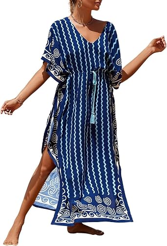 Bsubseach Kaftan Dresses for Women Plus Size Swimsuit Cover Up Long Caftan Dress with Waist Drawstring