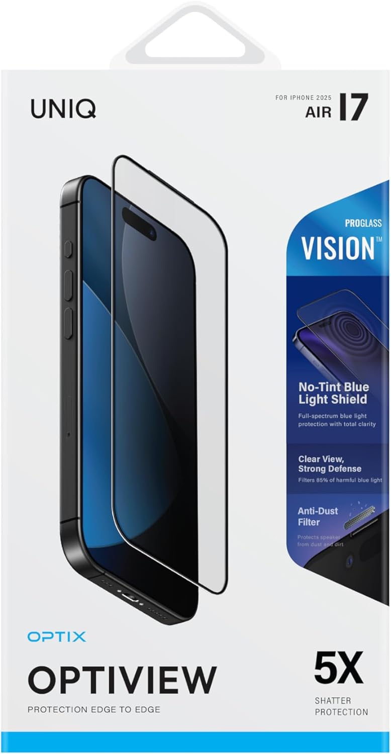 UNIQ OPTIX for iPhone 17 Pro Screen Protector (Vision+ Anti-BlueLight) 4K Optical Clarity Tempered Glass Protector + DustRepel™ anti-static installation