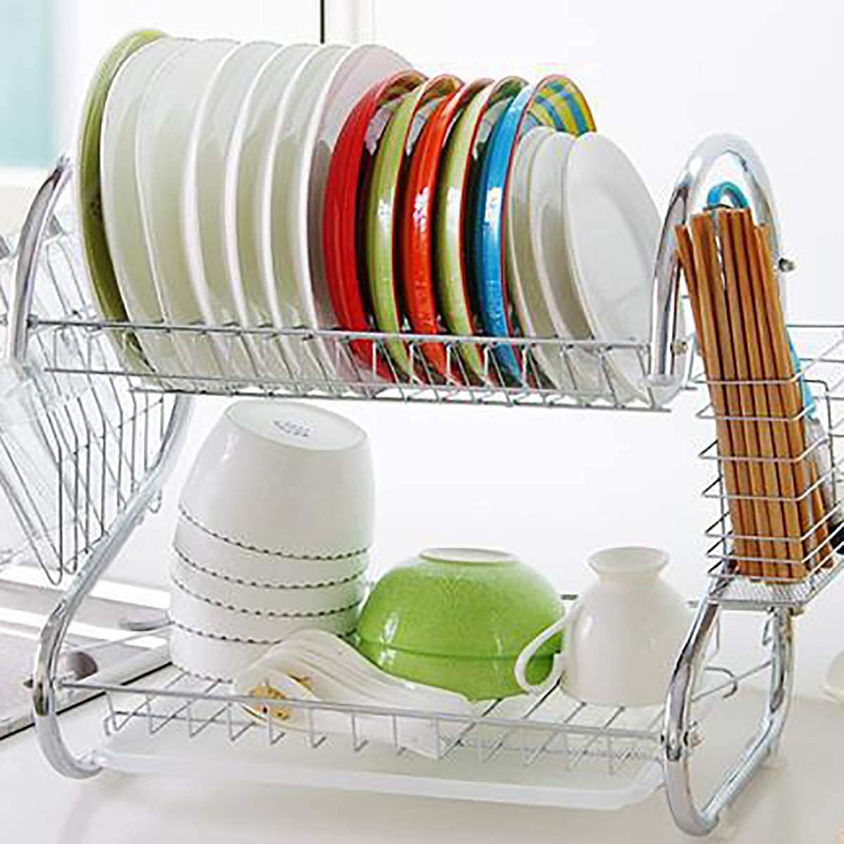 Cesta de drenaje de cocina, Pastel de secado de platos, estante de recolección de 2 niveles en forma de S multifuncional, herramientas de almacenamiento de cocina de acero inoxidable, for el mostrador