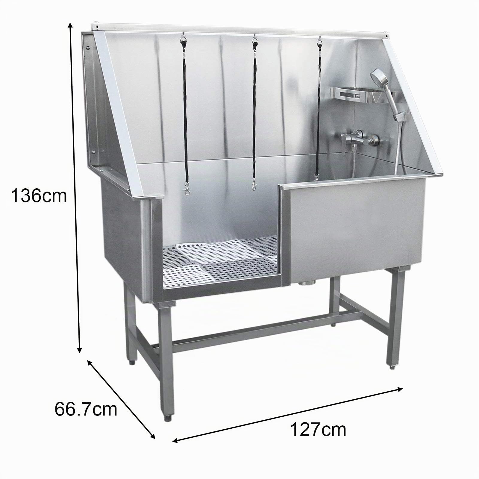 Baño para Mascotas de Acero Inoxidable 600 mm Kit Aseo Mascotas Bañar Bañera Perro Gato Lavar Limpieza Limpiar Cuidar Perros con Grifo Mezclador Tapón Colador Alfombra Antideslizante y Guantes GRATIS