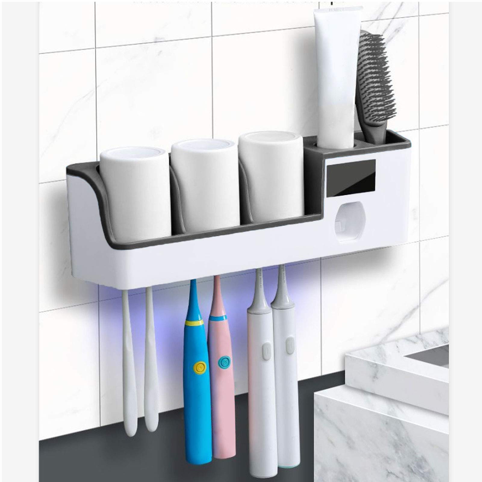 Sensor De Cepillo De Dientes, Soporte De Pared para Cepillo De Dientes con Exprimidor Dispensador De Pasta De Dientes, Carga USB, Sensor Infrarrojo