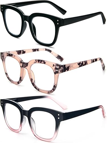 Miniatura 2 de REAVEE Paquete de 3 lentes de lectura retro de gran tamaño para mujer, bloqueo de luz azul, lindos, cuadrados, para lectura de computadora, bisagra