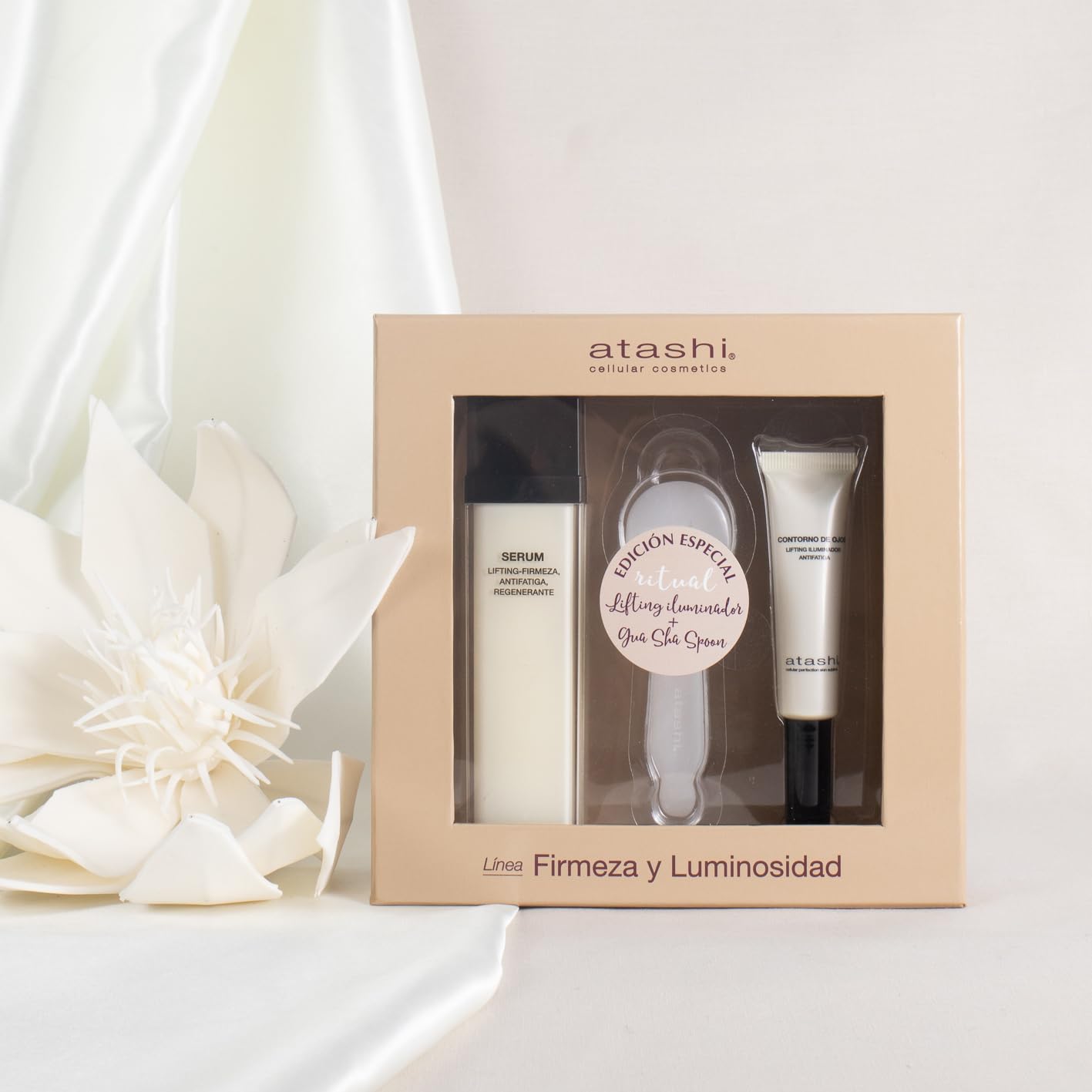 Atashi Ritual Lifting Iluminador, Serum Alta Eficacia Lifting-firmeza + Contorno de Ojos iluminador + Gua Sha Spoon, 50 ml + 15ml