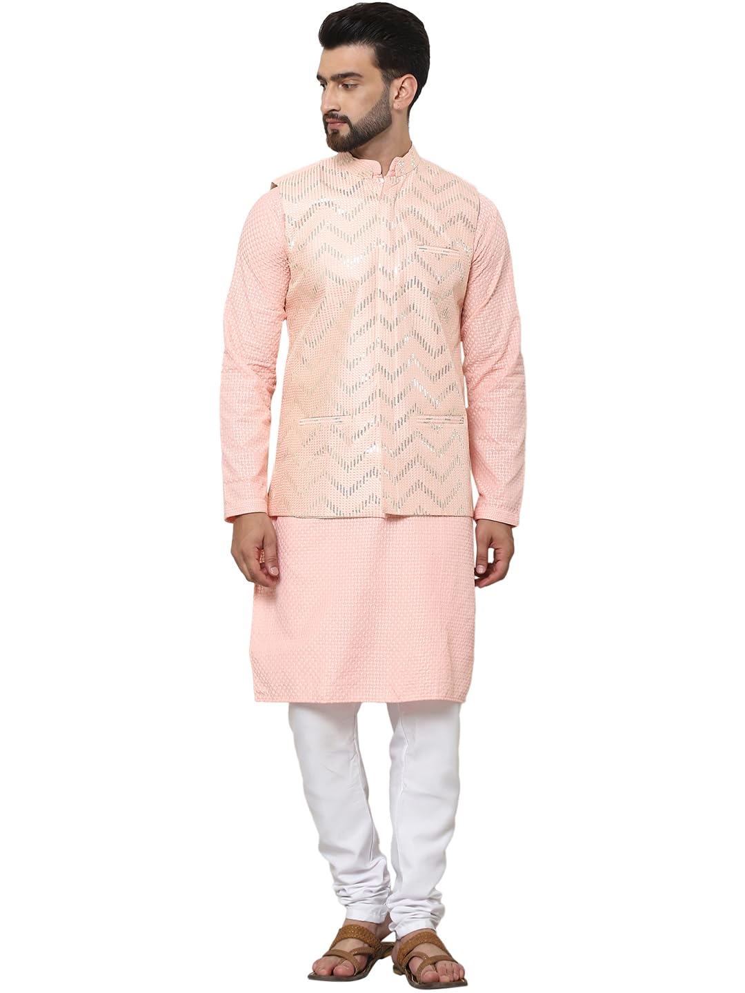 Sojanya (Since 1958 Men's Pure Cotton Peach Kurta And White Pyjama With Sequins Pink Nehru Jacket