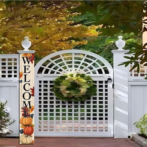 Fall Welcome Sign For Front Porch Pumpkin Thanksgiving Door Decoration Wooden Vertical Standing Board Front Door Porch Seasonal Farmhouse Wood Garden Decor 8x32inch